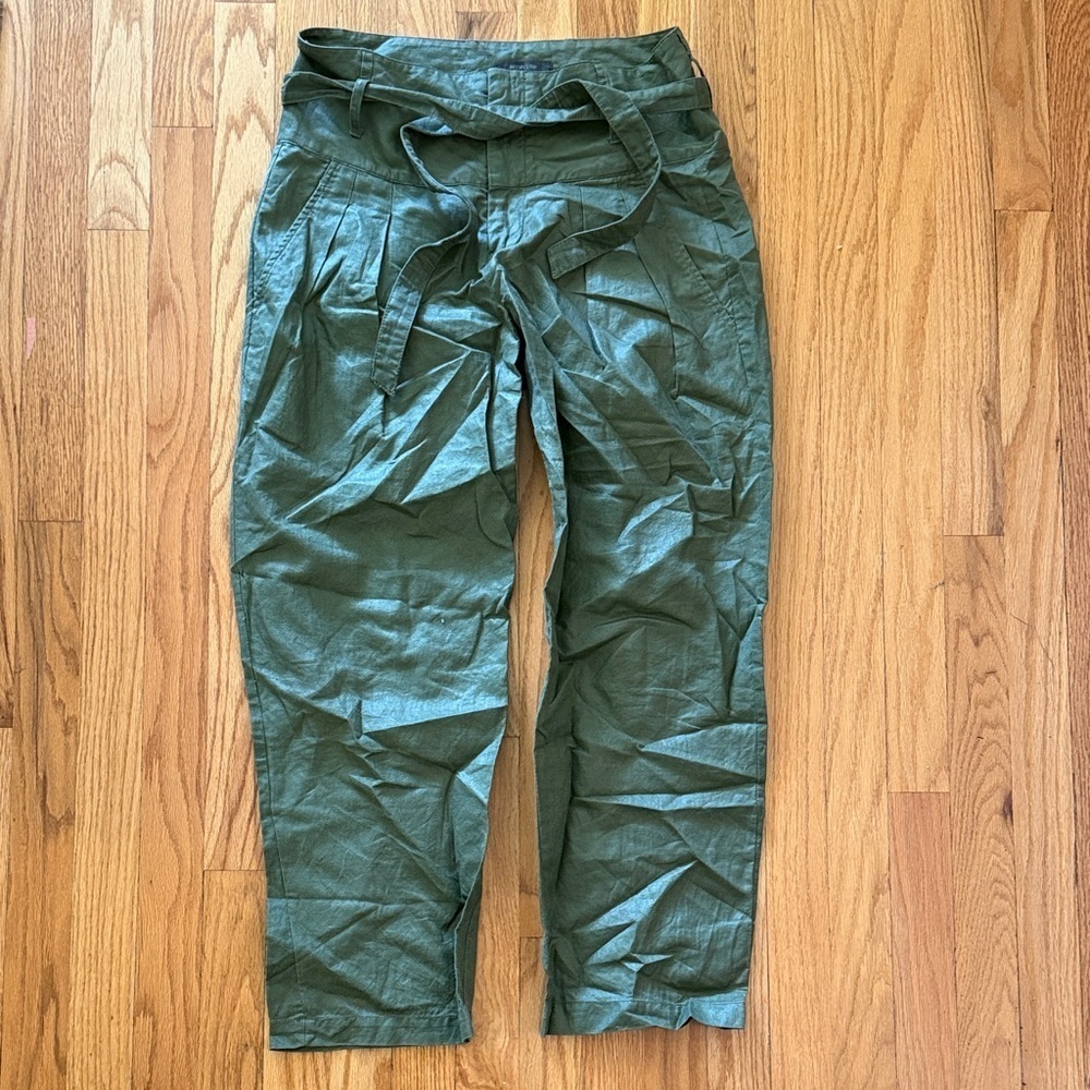 Jnby sz S Green Casual Pants tie waist cotton linen blend great pre owned cond